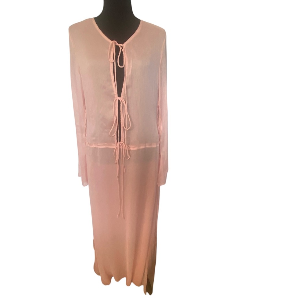 Bubish Luxe Charlotte Sheer Maxi Dress Blush Pink Tie Front Long Sleeve US 6 NEW